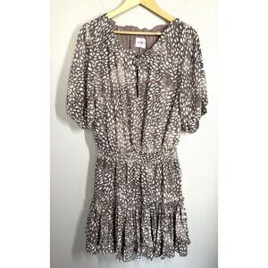 NWOT Buddy Love Dalmation Print Balloon Sleeve Brown Ruffle Dress Women’s Size M